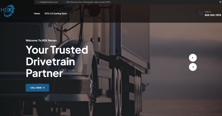 Screenshot of the HDX Reman homepage featuring a semi-truck and a call-to-action for drivetrain remanufacturing services.