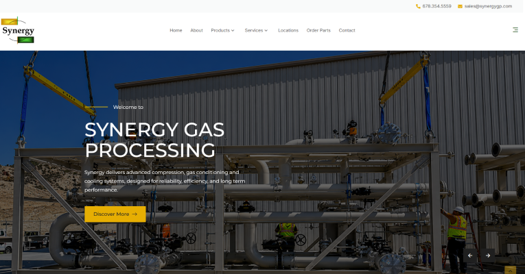 Synergy Gas Processing homepage showing industrial gas-processing equipment and company navigation.