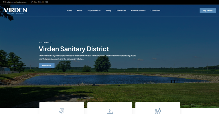 Virden Sanitary District homepage showing a wastewater treatment pond and links to district services.