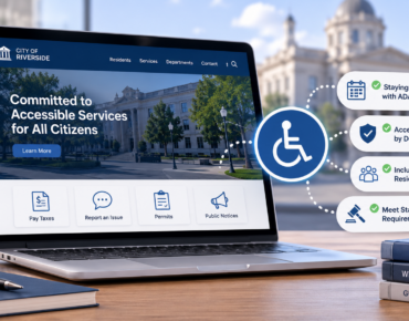 Government website displayed on a laptop beside accessibility symbols and compliance reminders for state and local governments.
