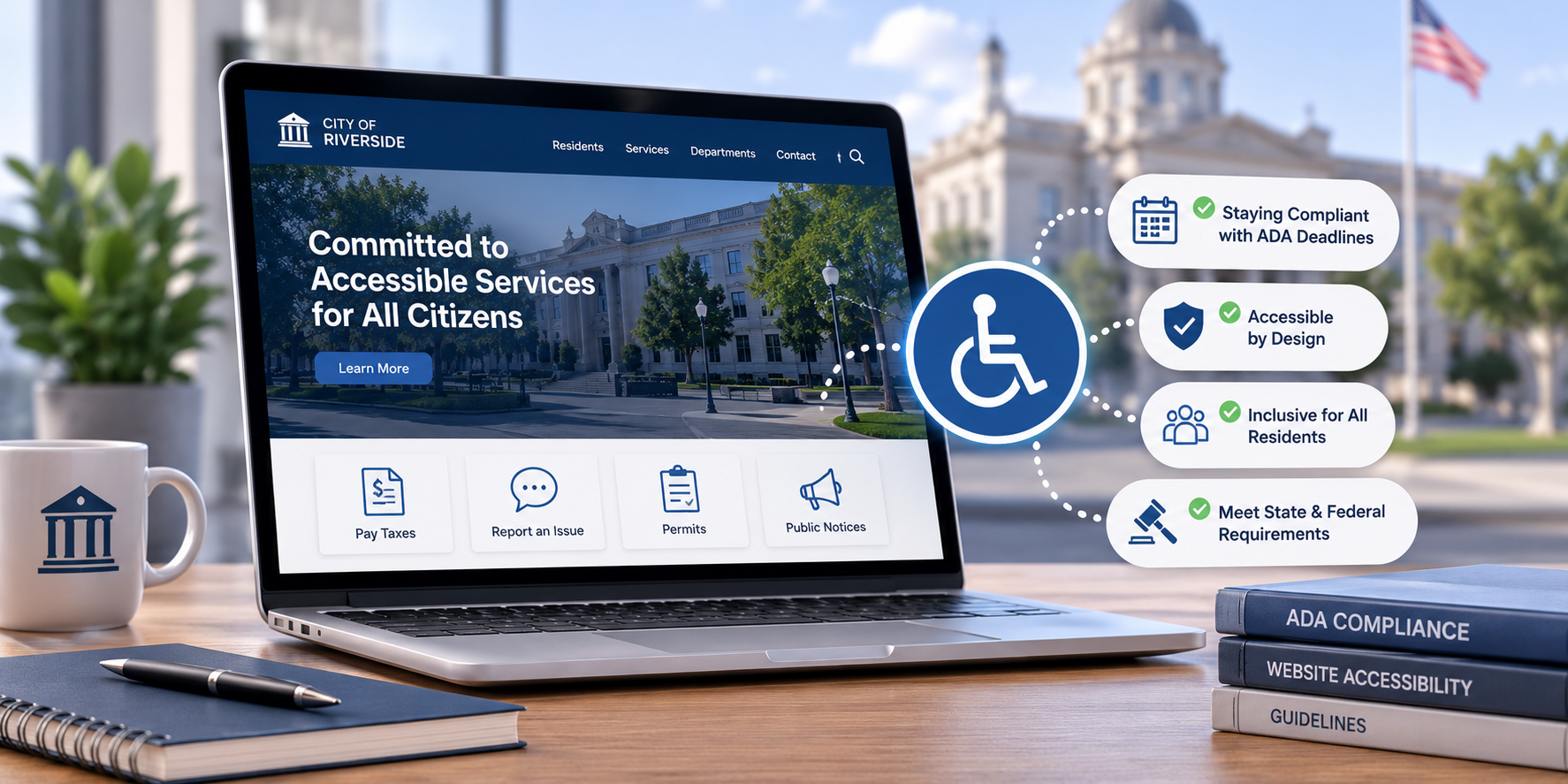 Government website displayed on a laptop beside accessibility symbols and compliance reminders for state and local governments.