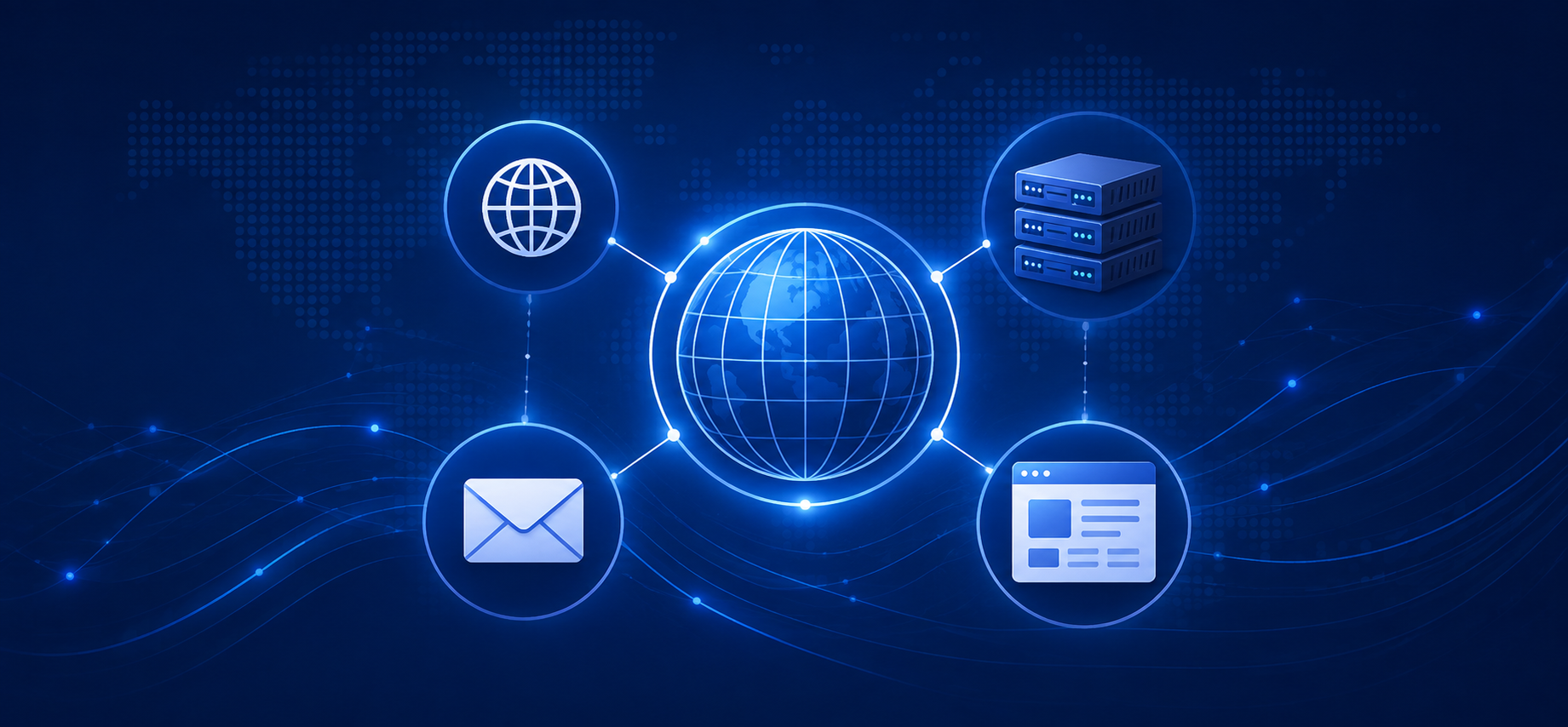 Central internet globe connected to domain, web server, email, and website icons through a DNS network.