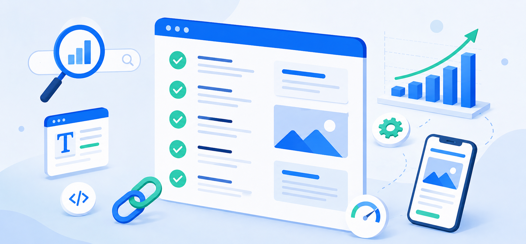 Website SEO checklist with search, internal link, mobile page, loading speed, and traffic growth symbols.