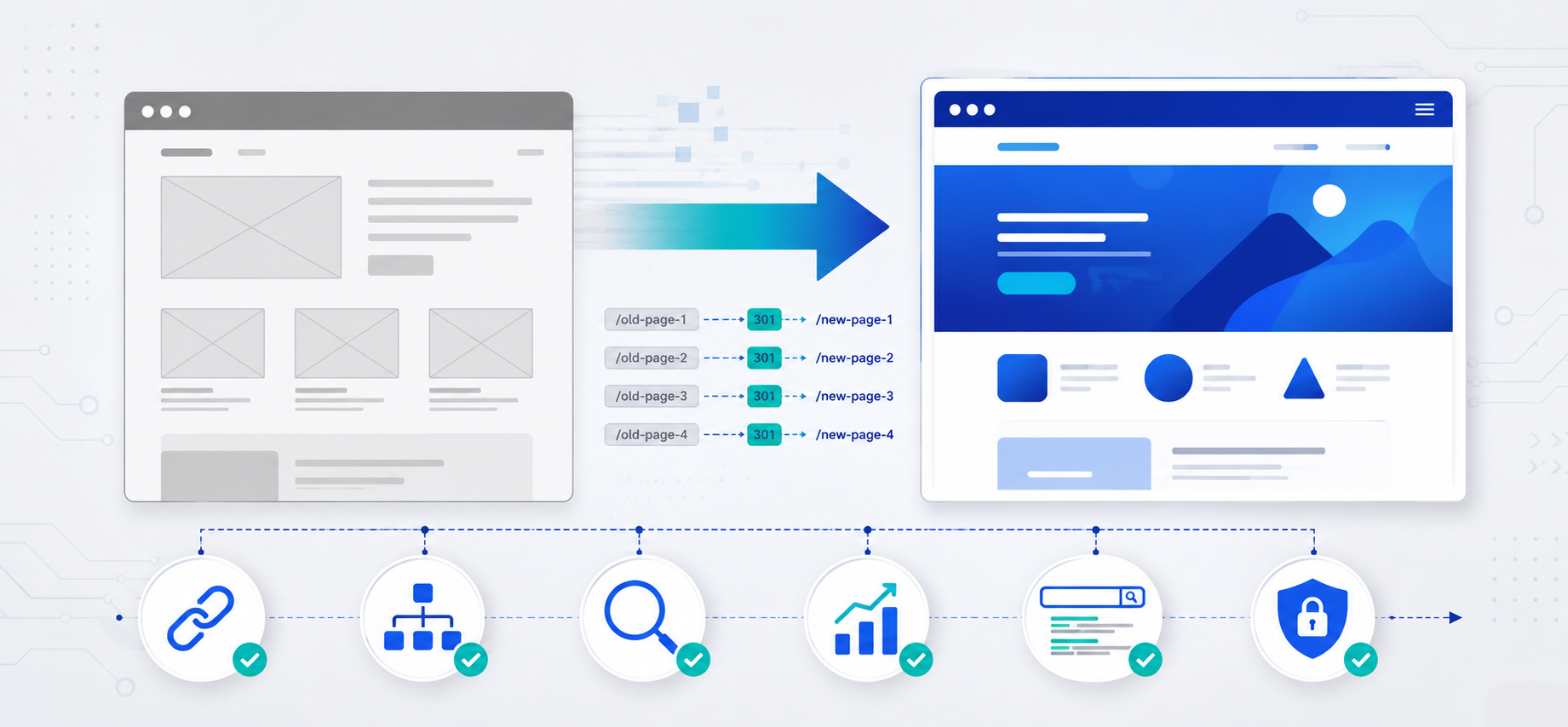 Illustration of an old website being redesigned into a modern site, with 301 redirects connecting old URLs to new pages and SEO checks for links, site structure, search visibility, analytics, and security.