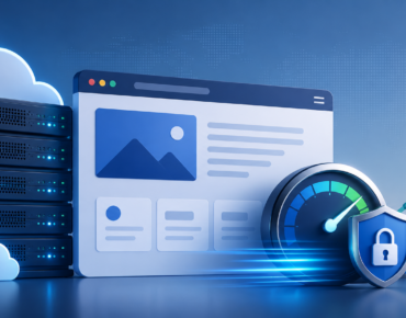 Website hosting servers beside a browser, speed gauge, security shield, and rising SEO performance chart.