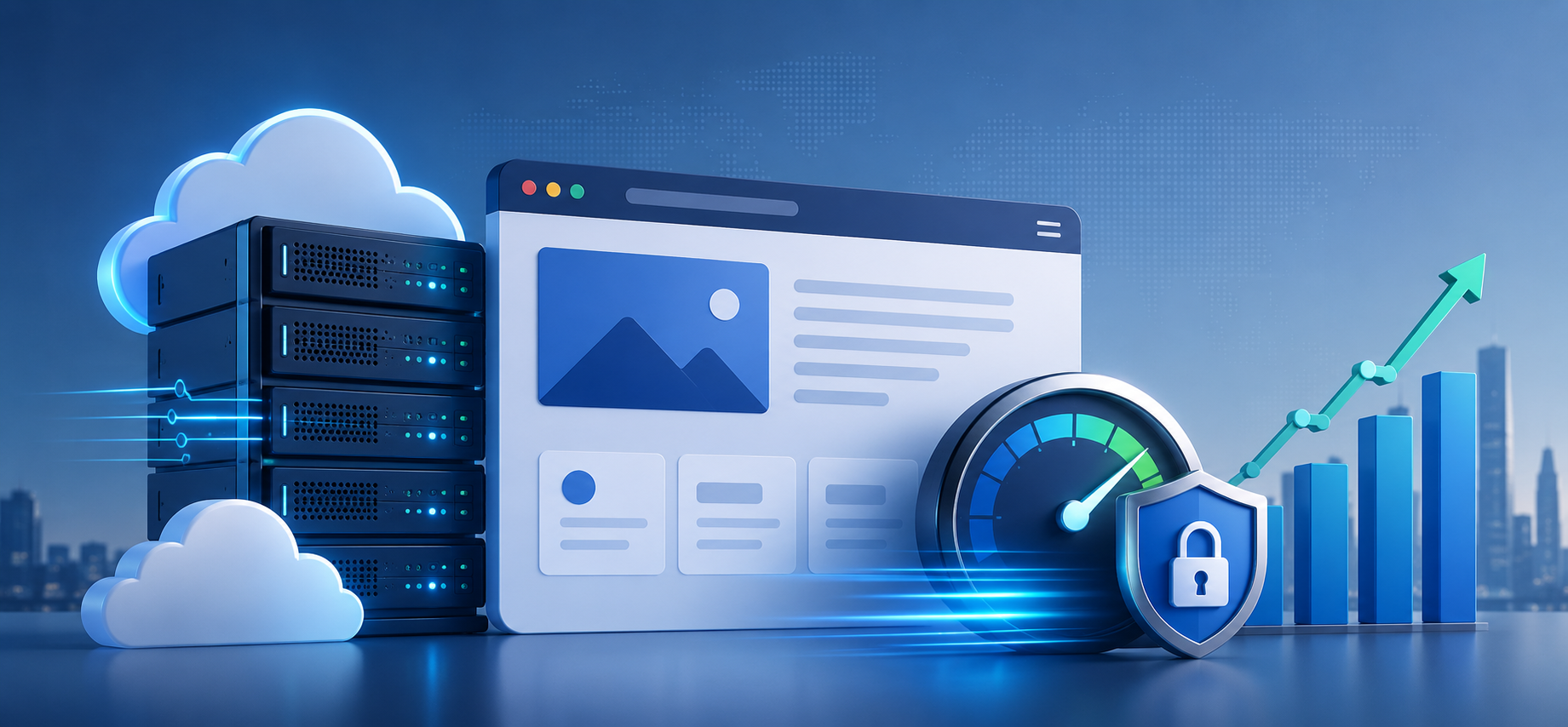 Website hosting servers beside a browser, speed gauge, security shield, and rising SEO performance chart.