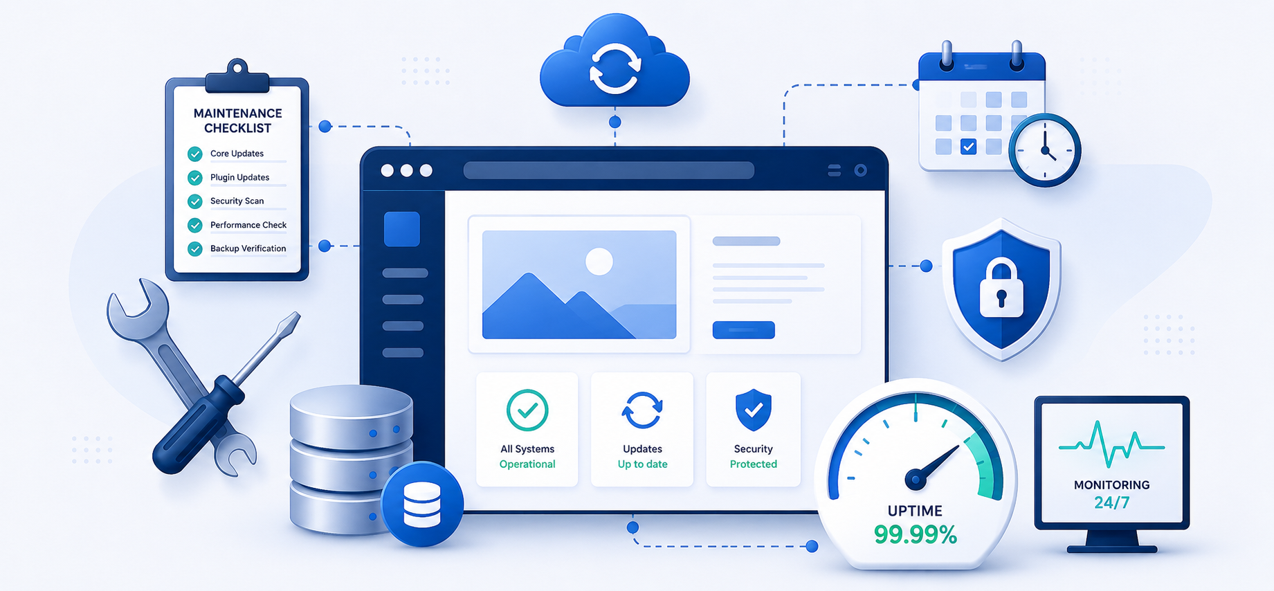 Website maintenance dashboard surrounded by icons for software updates, backups, security monitoring, scheduled checks, database management, performance, and uptime monitoring.
