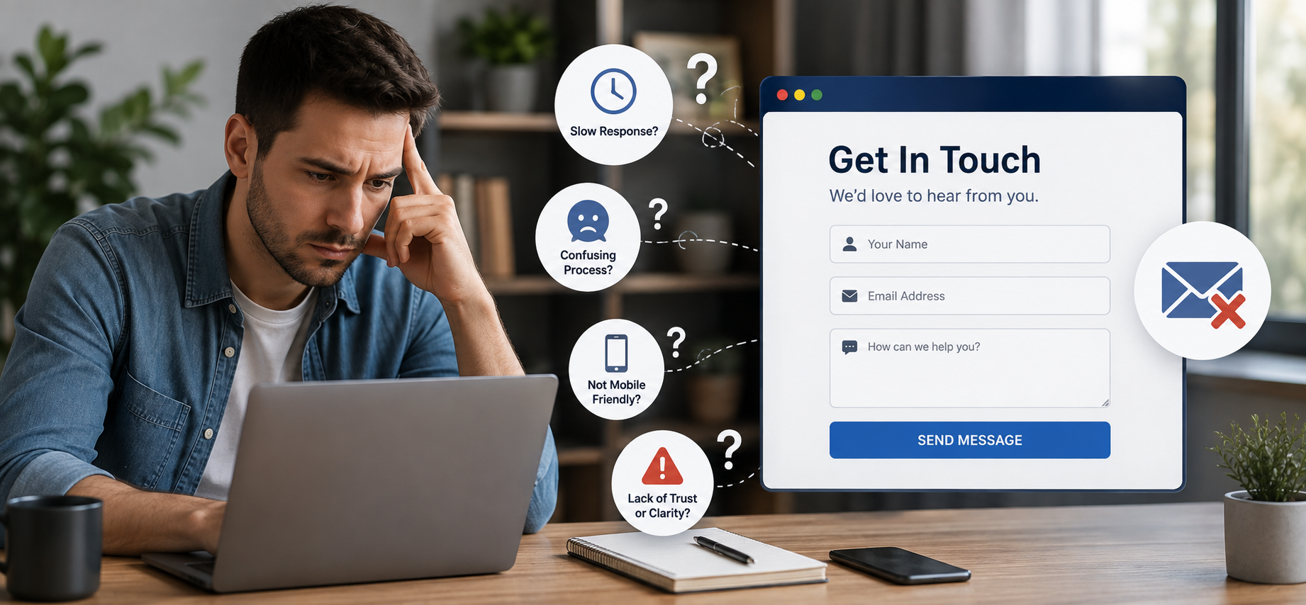 Frustrated website visitor beside a contact form and symbols for slow response, confusion, poor mobile use, and lack of trust.